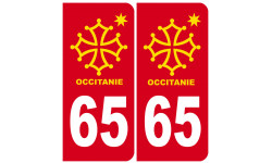 immatriculation 65 Occitanie - 2 stickers de 10,2x4,6cm - Autocollant(sticker)