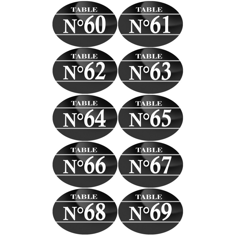Numéros table de restaurant de 60 à 69 (10 fois 5x3.5cm) - Sticker/a