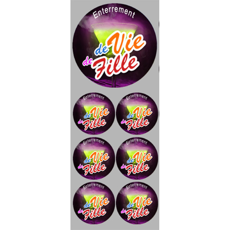 Autocollant (sticker):  Enterrement de vie de fille 2 (1 fois 9cm & 6 fois 5cm)